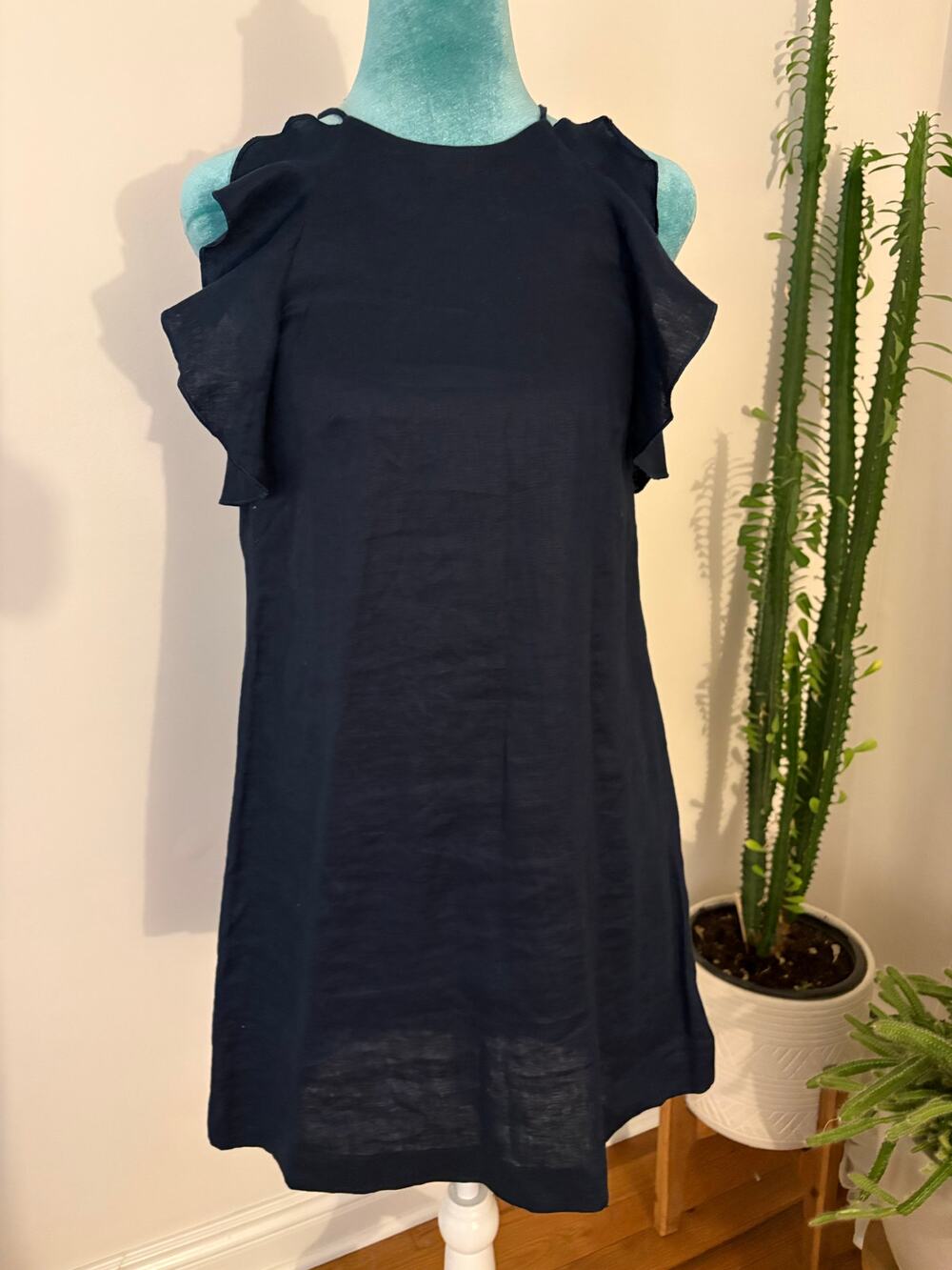 Mango Suit Navy Linen Ruffle Sleeve Shift Dress - Quiet Luxury Coastal XS/2